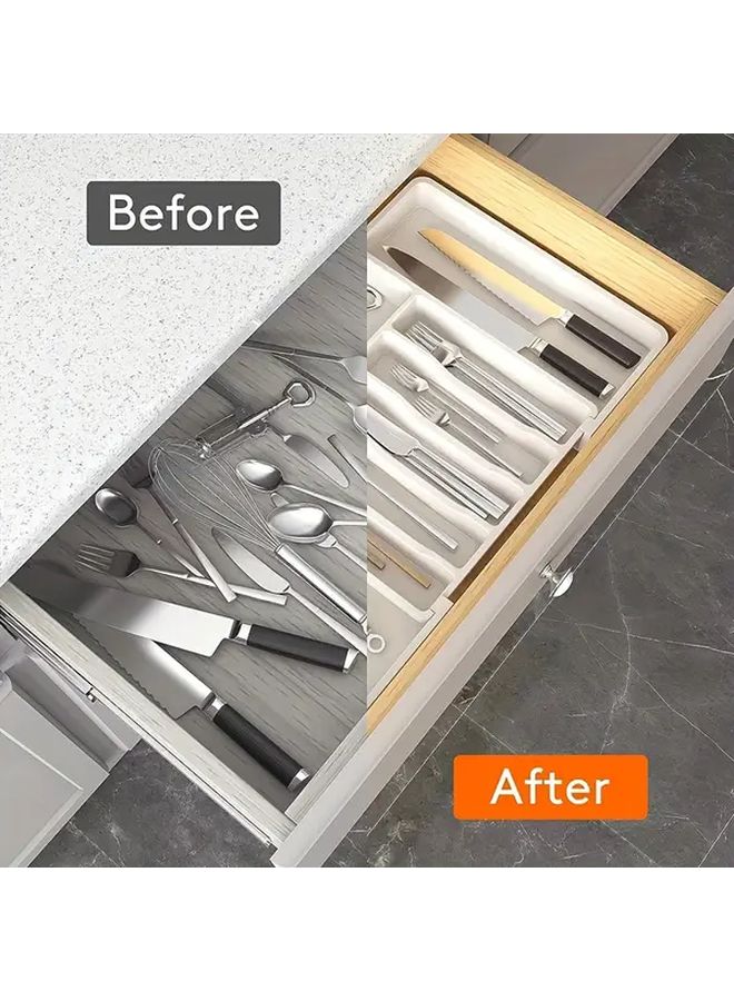 White Adjustable Cutlery Drawer Organizer Retractable Rack Kitchen Utensil Storage Box - Image 5